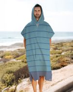 Colorblock Stripe Hooded Poncho – Aqua - Image 2